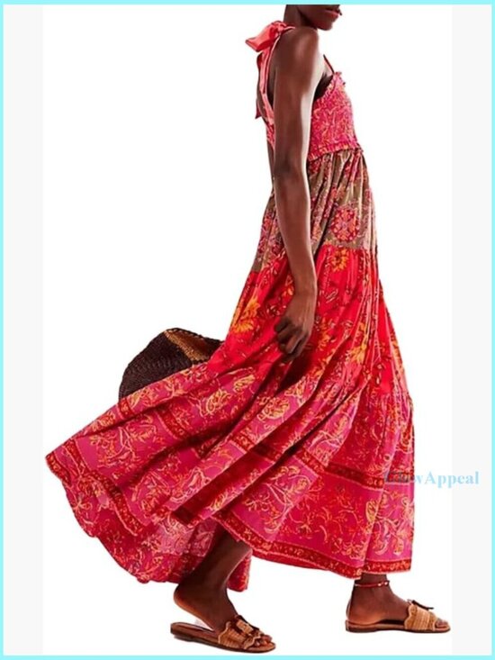 Dresses & Skirts - Floral Boho Maxi Dress with Pockets Smocked Bodice Tie Shoulder